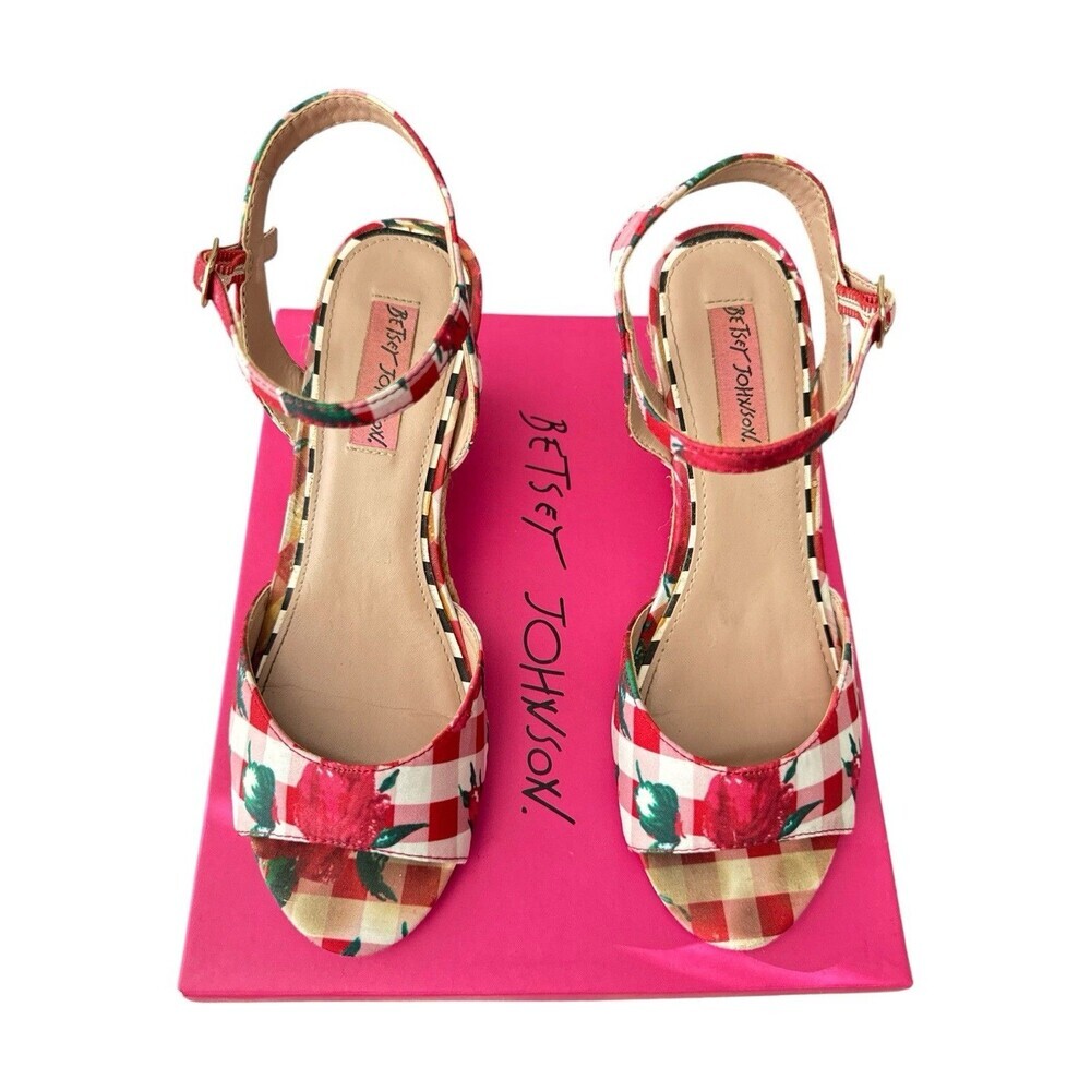 Betsey Johnson Athena Red Multi Rose Gingham Wedge Sandals Size 7.5 Women